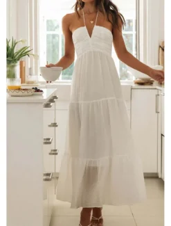Women's Midi Dress White Dress Graduation Dress Fashion Holiday Graduation Going out Regular Fit Plain Sleeveless V Neck White Summer
