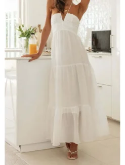 Women's Midi Dress White Dress Graduation Dress Fashion Holiday Graduation Going out Regular Fit Plain Sleeveless V Neck White Summer