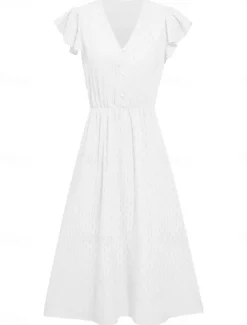 Women's Midi Dress White Dress Casual Dress A Line Dress Stylish Basic Casual Vacation Daily Regular Fit Plain Sleeveless V Neck White Green Summer Spring