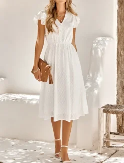 Women's Midi Dress White Dress Casual Dress A Line Dress Stylish Basic Casual Vacation Daily Regular Fit Plain Sleeveless V Neck White Green Summer Spring