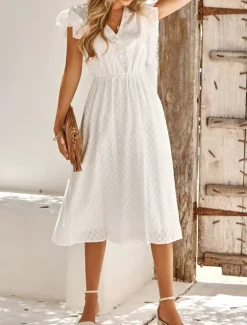Women's Midi Dress White Dress Casual Dress A Line Dress Stylish Basic Casual Vacation Daily Regular Fit Plain Sleeveless V Neck White Green Summer Spring