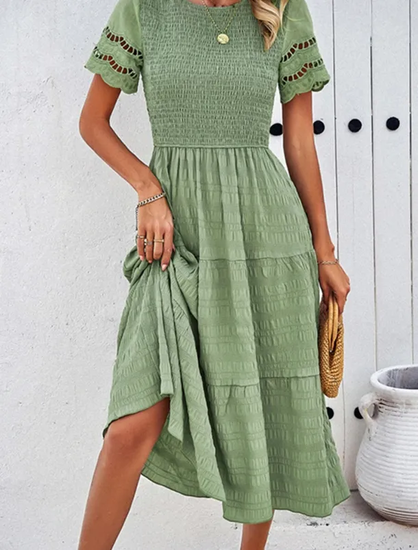 Women's Midi Dress White Dress Lace Dress Casual Dress Summer Dress Fashion Outdoor Holiday Date Regular Fit Plain Short Sleeve Crew Neck Black White Green Summer Spring