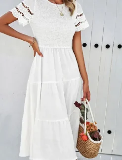 Women's Midi Dress White Dress Lace Dress Casual Dress Summer Dress Fashion Outdoor Holiday Date Regular Fit Plain Short Sleeve Crew Neck Black White Green Summer Spring