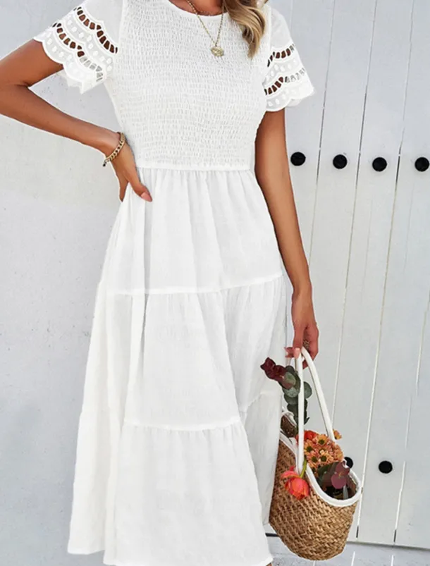 Women's Midi Dress White Dress Lace Dress Casual Dress Summer Dress Fashion Outdoor Holiday Date Regular Fit Plain Short Sleeve Crew Neck Black White Green Summer Spring