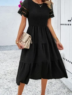 Women's Midi Dress White Dress Lace Dress Casual Dress Summer Dress Fashion Outdoor Holiday Date Regular Fit Plain Short Sleeve Crew Neck Black White Green Summer Spring