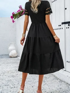Women's Midi Dress White Dress Lace Dress Casual Dress Summer Dress Fashion Outdoor Holiday Date Regular Fit Plain Short Sleeve Crew Neck Black White Green Summer Spring