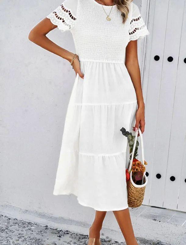 Women's Midi Dress White Dress Lace Dress Casual Dress Summer Dress Fashion Outdoor Holiday Date Regular Fit Plain Short Sleeve Crew Neck Black White Green Summer Spring