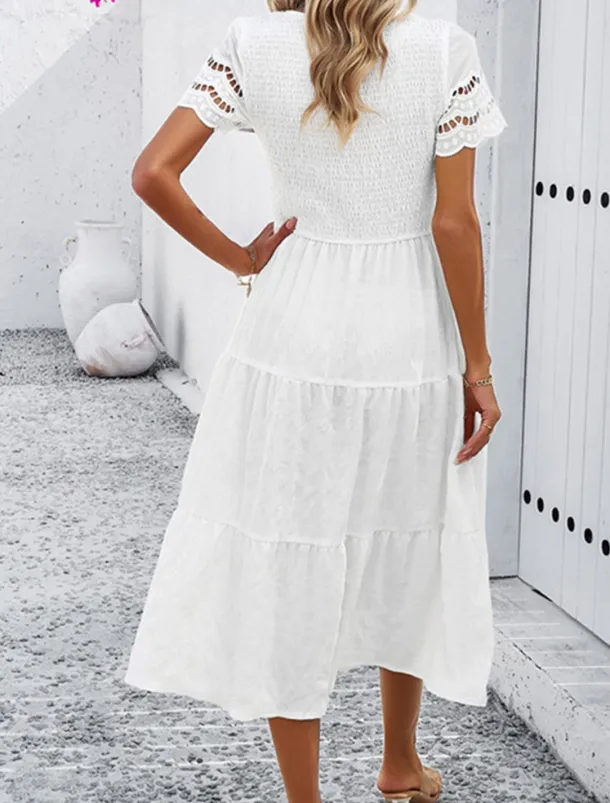 Women's Midi Dress White Dress Lace Dress Casual Dress Summer Dress Fashion Outdoor Holiday Date Regular Fit Plain Short Sleeve Crew Neck Black White Green Summer Spring