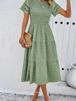 Women's Midi Dress White Dress Lace Dress Casual Dress Summer Dress Fashion Outdoor Holiday Date Regular Fit Plain Short Sleeve Crew Neck Black White Green Summer Spring