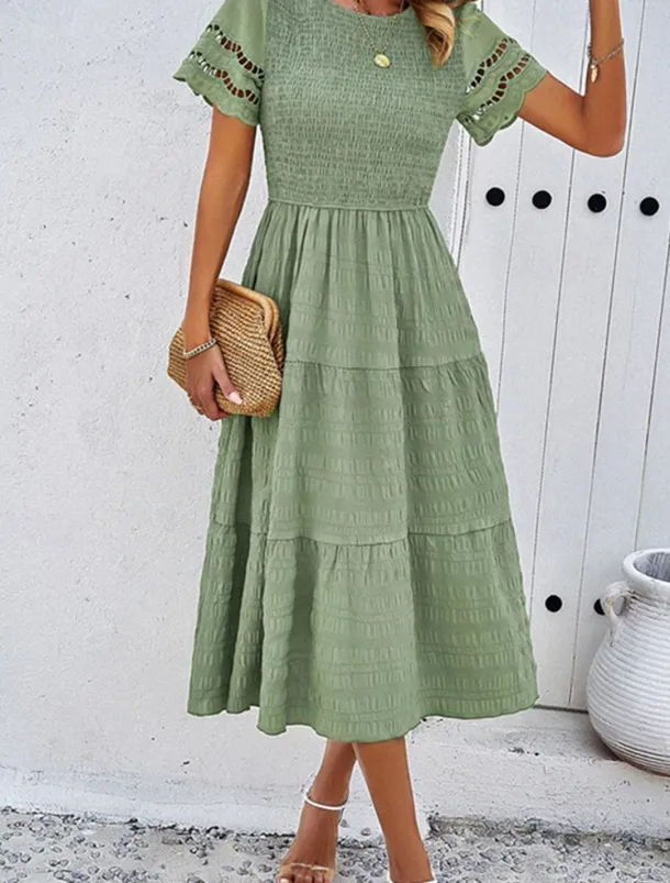 Women's Midi Dress White Dress Lace Dress Casual Dress Summer Dress Fashion Outdoor Holiday Date Regular Fit Plain Short Sleeve Crew Neck Black White Green Summer Spring