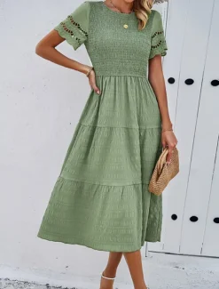 Women's Midi Dress White Dress Lace Dress Casual Dress Summer Dress Fashion Outdoor Holiday Date Regular Fit Plain Short Sleeve Crew Neck Black White Green Summer Spring