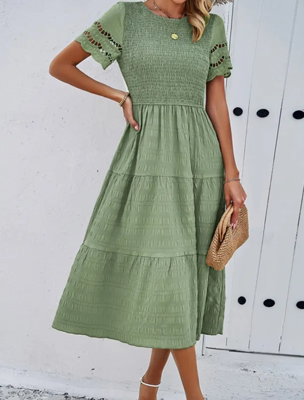 Women's Midi Dress White Dress Lace Dress Casual Dress Summer Dress Fashion Outdoor Holiday Date Regular Fit Plain Short Sleeve Crew Neck Black White Green Summer Spring