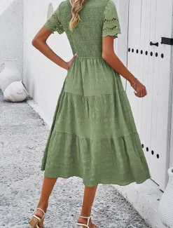 Women's Midi Dress White Dress Lace Dress Casual Dress Summer Dress Fashion Outdoor Holiday Date Regular Fit Plain Short Sleeve Crew Neck Black White Green Summer Spring