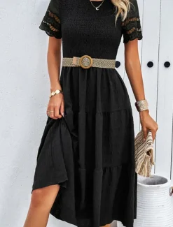 Women's Midi Dress White Dress Lace Dress Casual Dress Summer Dress Fashion Outdoor Holiday Date Regular Fit Plain Short Sleeve Crew Neck Black White Green Summer Spring