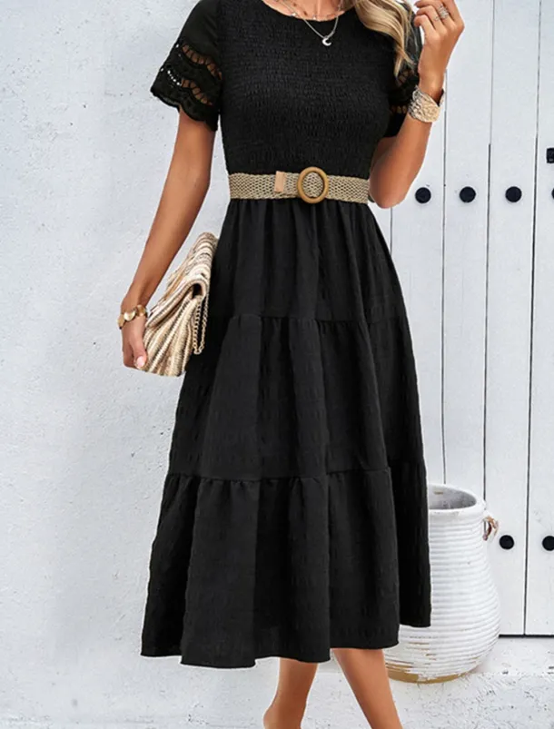 Women's Midi Dress White Dress Lace Dress Casual Dress Summer Dress Fashion Outdoor Holiday Date Regular Fit Plain Short Sleeve Crew Neck Black White Green Summer Spring