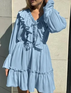 Women's Midi Dress White Dress Stylish Basic Casual Vacation Daily Regular Fit Plain Long Sleeve V Neck White Blue Spring Fall