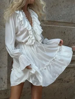 Women's Midi Dress White Dress Stylish Basic Casual Vacation Daily Regular Fit Plain Long Sleeve V Neck White Blue Spring Fall