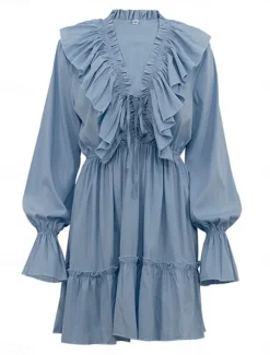 Women's Midi Dress White Dress Stylish Basic Casual Vacation Daily Regular Fit Plain Long Sleeve V Neck White Blue Spring Fall