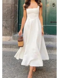 Women's Midi Dress White Dress Graduation Dress Slip Dress Fashion Birthday Graduation Date Regular Fit Plain Sleeveless Spaghetti Strap Black White Summer