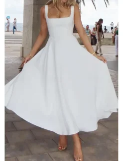 Women's Midi Dress White Dress Graduation Dress Slip Dress Fashion Birthday Graduation Date Regular Fit Plain Sleeveless Spaghetti Strap Black White Summer