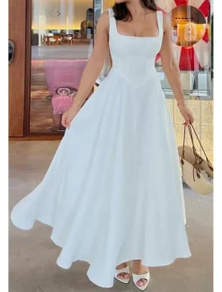 Women's Midi Dress White Dress Graduation Dress Slip Dress Fashion Birthday Graduation Date Regular Fit Plain Sleeveless Spaghetti Strap Black White Summer