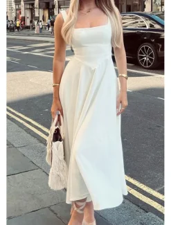 Women's Midi Dress White Dress Graduation Dress Slip Dress Fashion Birthday Graduation Date Regular Fit Plain Sleeveless Spaghetti Strap Black White Summer