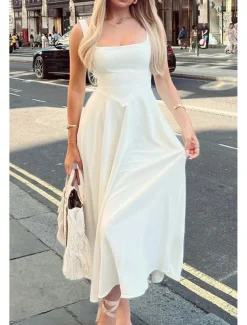 Women's Midi Dress White Dress Graduation Dress Slip Dress Fashion Birthday Graduation Date Regular Fit Plain Sleeveless Spaghetti Strap Black White Summer