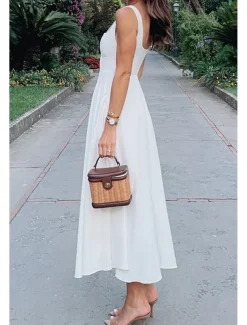 Women's Midi Dress White Dress Graduation Dress Slip Dress Fashion Birthday Graduation Date Regular Fit Plain Sleeveless Spaghetti Strap Black White Summer