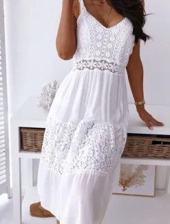 Women's Midi Dress White Dress Graduation Dress White Lace Wedding Dress Boho Dress Fashion Basic Modern Outdoor Daily Weekend Regular Fit Plain Sleeveless Strap White Summer Spring