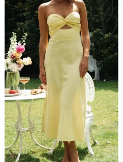 Women's Midi Dress White Dress Graduation Dress Fashion Vacation Birthday Holiday Regular Fit Plain Sleeveless Strapless White Yellow Green Summer