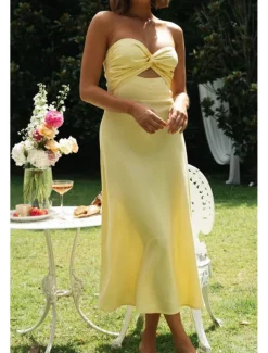 Women's Midi Dress White Dress Graduation Dress Fashion Vacation Birthday Holiday Regular Fit Plain Sleeveless Strapless White Yellow Green Summer