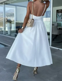 Women's Midi Dress White Dress Graduation Dress Slip Dress A Line Wedding Party Date Regular Fit Sleeveless Strap Black White Pink Fuchsia Summer