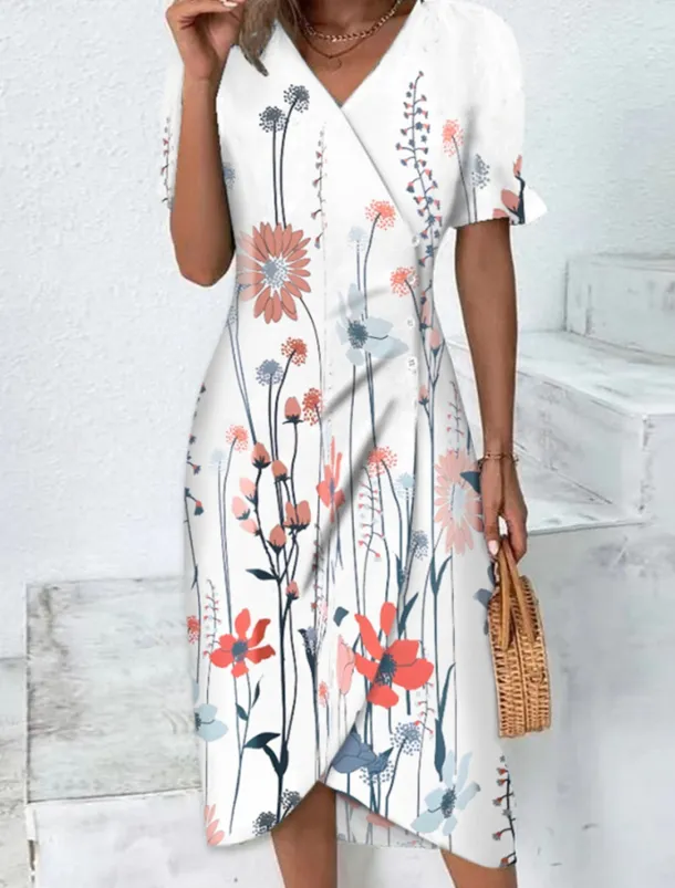 Women's Midi Dress Wrap Dress Elegant Lightweight Puff Sleeve Short Sleeve V Neck Sheath Dress Floral Print Asymmetrical Date