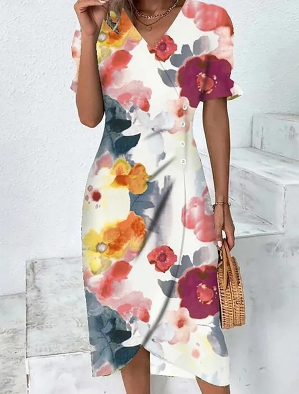 Women's Midi Dress Wrap Dress Elegant Lightweight Puff Sleeve Short Sleeve V Neck Sheath Dress Floral Print Asymmetrical Date