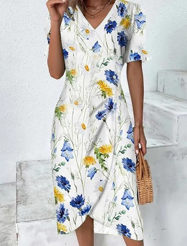 Women's Midi Dress Wrap Dress Elegant Lightweight Puff Sleeve Short Sleeve V Neck Sheath Dress Floral Print Asymmetrical Date