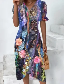 Women's Midi Dress Wrap Dress Elegant Lightweight Puff Sleeve Short Sleeve V Neck Going out Regular Fit Floral Graphic Blue Purple Green