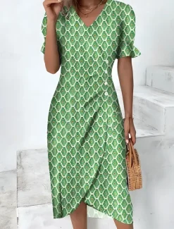 Women's Midi Dress Wrap Dress Elegant Lightweight Puff Sleeve Short Sleeve V Neck Going out Regular Fit Floral Graphic Blue Purple Green