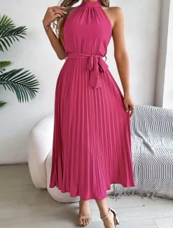 Women's Midi Dress Wrap Dress A Line Dress Pleated Dress Halter Dress Vacation Vacation Casual Daily Regular Fit Graphic Sleeveless Halter Neck Black Pink Wine Green Summer