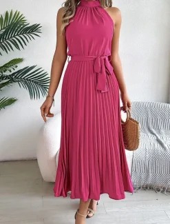 Women's Midi Dress Wrap Dress A Line Dress Pleated Dress Halter Dress Vacation Vacation Casual Daily Regular Fit Graphic Sleeveless Halter Neck Black Pink Wine Green Summer
