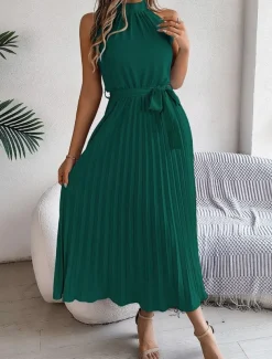 Women's Midi Dress Wrap Dress A Line Dress Pleated Dress Halter Dress Vacation Vacation Casual Daily Regular Fit Graphic Sleeveless Halter Neck Black Pink Wine Green Summer