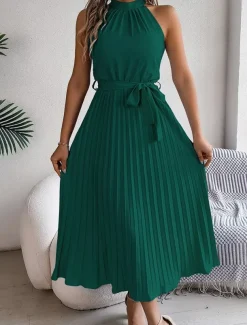 Women's Midi Dress Wrap Dress A Line Dress Pleated Dress Halter Dress Vacation Vacation Casual Daily Regular Fit Graphic Sleeveless Halter Neck Black Pink Wine Green Summer