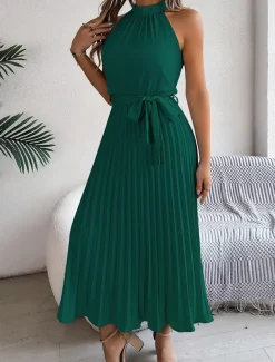 Women's Midi Dress Wrap Dress A Line Dress Pleated Dress Halter Dress Vacation Vacation Casual Daily Regular Fit Graphic Sleeveless Halter Neck Black Pink Wine Green Summer
