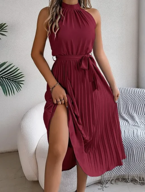 Women's Midi Dress Wrap Dress A Line Dress Pleated Dress Halter Dress Vacation Vacation Casual Daily Regular Fit Graphic Sleeveless Halter Neck Black Pink Wine Green Summer
