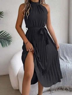 Women's Midi Dress Wrap Dress A Line Dress Pleated Dress Halter Dress Vacation Vacation Casual Daily Regular Fit Graphic Sleeveless Halter Neck Black Pink Wine Green Summer