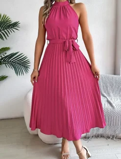 Women's Midi Dress Wrap Dress A Line Dress Pleated Dress Halter Dress Vacation Vacation Casual Daily Regular Fit Graphic Sleeveless Halter Neck Black Pink Wine Green Summer
