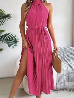 Women's Midi Dress Wrap Dress A Line Dress Pleated Dress Halter Dress Vacation Vacation Casual Daily Regular Fit Graphic Sleeveless Halter Neck Black Pink Wine Green Summer