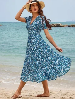 Women's Mid-Length Dress Short Sleeve V-neck Floral Print Bohemian Style Comfortable Beach Vacation Wear Blue White Summer Spring Clothing Apparel