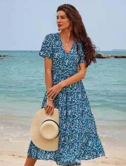 Women's Mid-Length Dress Short Sleeve V-neck Floral Print Bohemian Style Comfortable Beach Vacation Wear Blue White Summer Spring Clothing Apparel