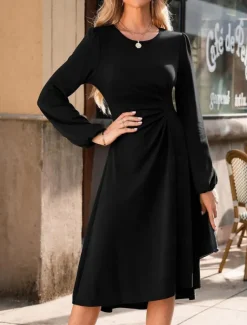 Women's Mini Dress A Line Dress Semi Formal Office Regular Fit Plaid Plain Long Sleeve Crew Neck Black Wine Red Summer Fall