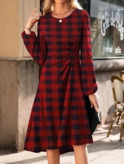 Women's Mini Dress A Line Dress Semi Formal Office Regular Fit Plaid Plain Long Sleeve Crew Neck Black Wine Red Summer Fall